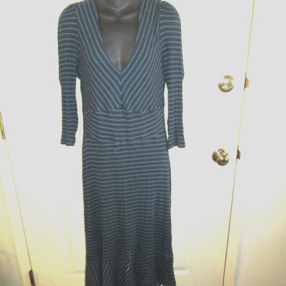 Anthropologie Dresses & Skirts - Anthropologie Maeve Flores Green Blue Ribbed Striped V neck Midi Dress Large